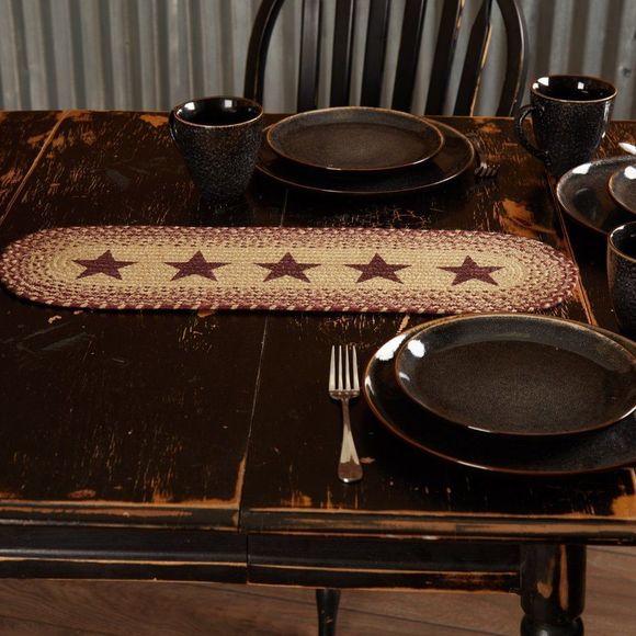 Burgundy Star Jute Braided Primitive Farmhouse Table Runner 8x24 inch - Picture 1 of 2